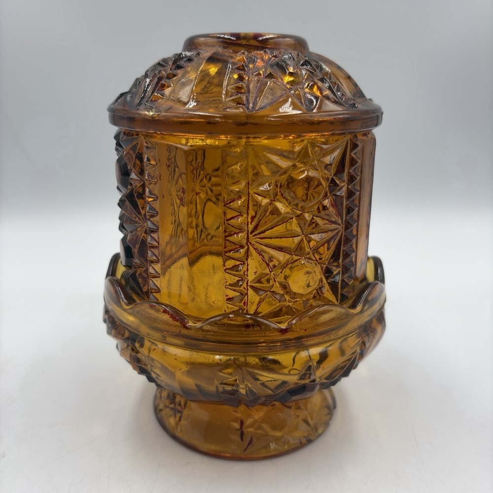 VTG Indiana Glass Amber Stars & Bars ~6.5" Fairy Lamp Candle Holder Whimsical